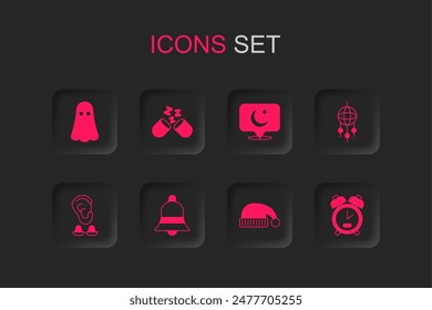 Set Ringing bell, Sleeping pill, Ghost, hat, Dream catcher with feathers, Alarm clock, Moon and stars and Earplugs ear icon. Vector