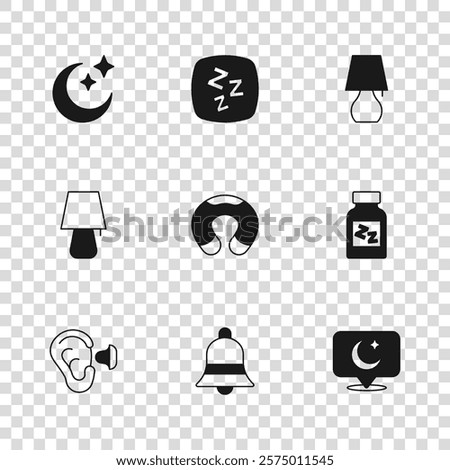 Set Ringing bell, Sleeping pill, Moon and stars, Travel neck pillow, Table lamp, Sleepy and  icon. Vector