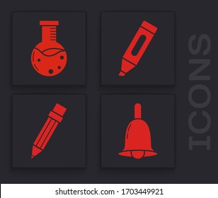 Set Ringing bell, Test tube and flask chemical laboratory, Marker pen and Pencil with eraser icon. Vector