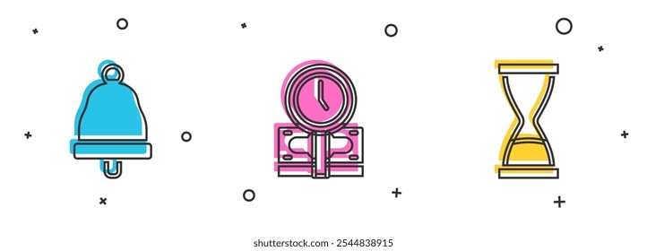 Set Ringing bell, Time is money and Old hourglass with sand icon. Vector