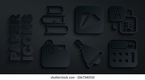 Set Ringing bell, Translator, Document folder with clip, Calculator, Paper airplane and Book icon. Vector