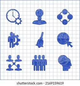 Set Ringing bell, Users group, Human head with lamp bulb, of business suit, Project team base, gear inside,  and Time Management icon. Vector