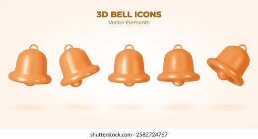 Set of Ringing Bells in different positions isolated on white background. 3d render icon of alert, alarm, attention. Social media reminder or notification