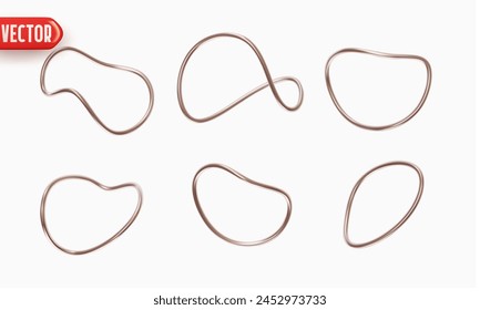 Set of Rings circle curves of geometric shapes of curved shape. Deformed folded twisted metal rings. Realistic 3d decor element for designs. Vector illustration
