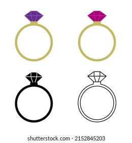 Set of rings with diamonds isolated on white background. Jewerly for engagement color, black, line art. Cartoon accessory with gem for wedding, proposal. Flat vector illustration