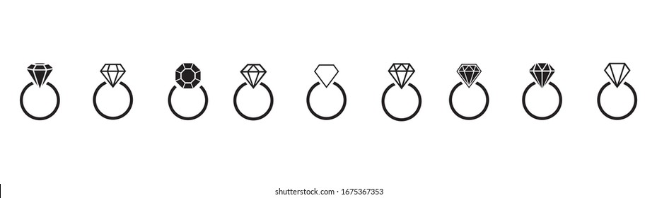 Set of rings with diamonds on a white background with reflections .Vector graphic