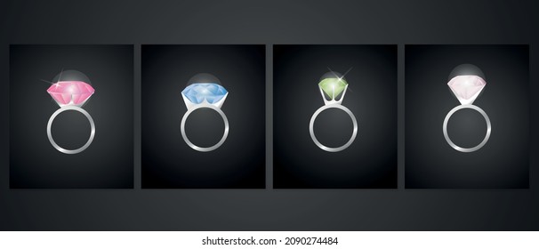 SET Rings made of white gold or silver with diamond, emerald, ruby.Luxurious shiny jewelry on a black background. vector illustrations for advertising, design of elements of the jewelry shop