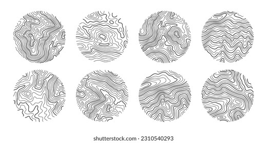 Set rings of topographic line map. Wood rings, vector line circle of outdoor concept. Outline pattern for outdoor logo templates. Contours of tree, concepts for expedition logotype.