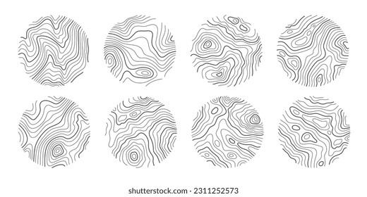 Set rings of topographic line map. Wood rings, vector line circle of outdoor concept. Outline pattern for outdoor logo templates. Contours of tree, concepts for expedition logotype.