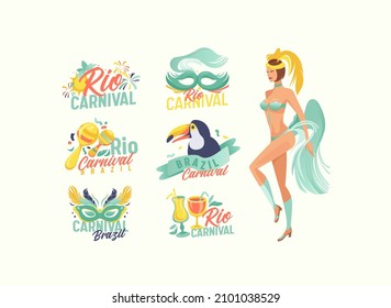 Set of Rio Carnival Emblems, Brazil Festival Entertainment Banners with Fireworks, Mask, Toucan Bird, Maracas, Cocktails and Woman Wear Festive Costume, Brazilian Festival. Cartoon Vector Illustration