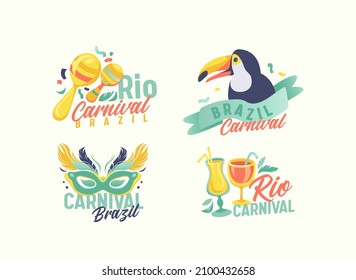 Set of Rio Carnival Emblems with Mask, Toucan Bird, Cocktails and Maracas. Festive Banners, Stickers or Labels for Brazilian Holiday. Brazil Festival Entertainment Banners. Cartoon Vector Illustration