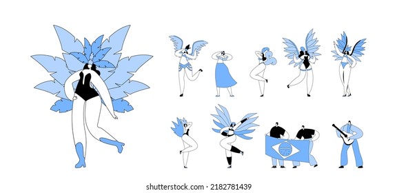 Set Rio Carnival Musicians And Artists, Isolated Young Men And Women With Flag, Playing Guitar, Dancers Wear Exotic Dress Performing During Traditional Festival In Brasil. Cartoon Vector Illustration