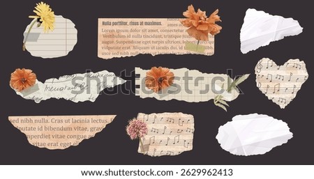 Set of rip newspaper and notebook paper piece with flowers in realistic collage style on dark background