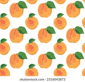 Set of ripe apricots with leaves. Summer juicy fruits. Seamless pattern in vector. Suitable for backgrounds and prints.