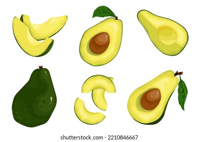 Un conjunto de aguacates maduros y trozos de bayas jugosas. Gráficos vectoriales de dibujos animados.