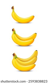 Set of ripe bananas isolated on white background. Vector realistic 3d illustration
