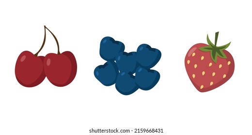 A set of ripe berries (cherries, strawberries, blueberries) in a flat style. Vector image.