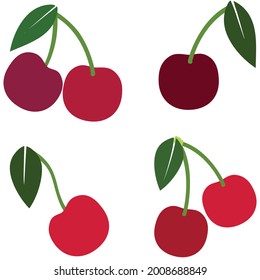 Set of ripe berries red and green leaf flat design vector illustration, over white background