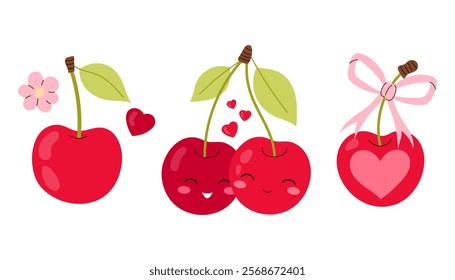 Set ripe cherries. Cute cherries for postcard, sticker, banner, poster for Valentines Day. Flat illustration on white background.