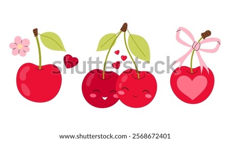 Set ripe cherries. Cute cherries for postcard, sticker, banner, poster for Valentines Day. Flat illustration on white background.