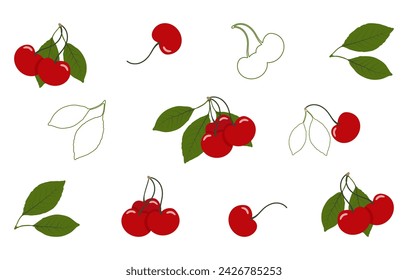 A set of ripe cherry twigs on a white background. Vector illustration