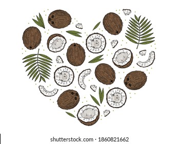 Set of ripe coconut in different forms with palm leaves. Color drawing isolated on a black background. Doodle style.