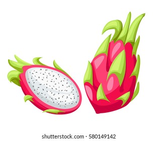 Set of ripe colorful dragon fruit Exotic pink pitahaya fruit with green leaves on the top Pitaya