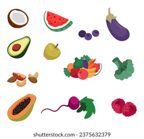 Set of Ripe Fresh Fruits and Vegetables. Coconut, Watermelon, Blueberries and Eggplant. Avocado, Apple, Broccoli, Nuts and Papaya with Radish and Raspberry. Vegan Foods Cartoon Vector Illustration