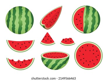 Set of ripe fresh and juicy Watermelons, whole and sliced, bitten and cut.