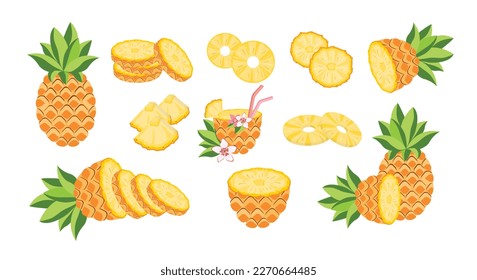 Conjunto de piña fresca madura, trozos y rodajas. Fruto de piña, entero y medio.  Ilustración vectorial en estilo plano sobre fondo blanco. Afiche, emblema producto natural. 