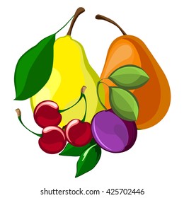 Set of ripe fruit and berries (cherries, pears, plums).Vector image.