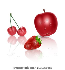 Set of ripe fruit on light background, red Apple, cherry and strawberry on white background, vector illustration