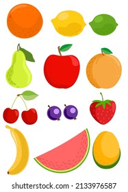 A set of ripe fruits. Set of pear lemon banana cherry fruit icons illustration. Flat style