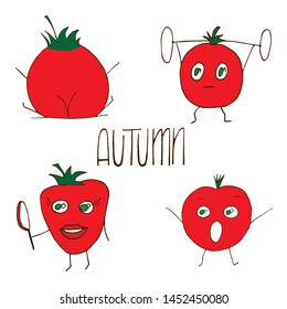 Set of ripe funny tomato, hand drawing Vector illustration. Juice label design. Clip art.