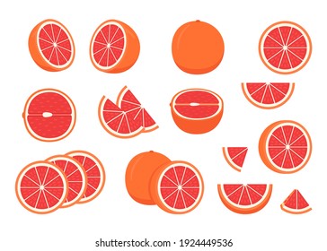 Set of ripe grapefruit - whole, cut half, piece and slice chopped of grapefruit. Fresh sour citrus fruit with vitamins. Vector illustration isolated on white background