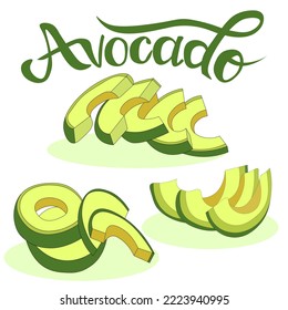 set of ripe green avocado half fruits cut into slices. Farm product without nitrates. AVOCADO inscription. 
