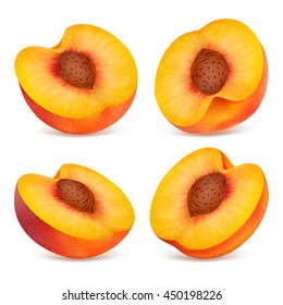 Set ripe half peaches. Fruits collection isolated on white background. Realistic vector illustration.