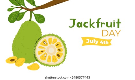 Set de jaca madura entera y media. Fruta de gato pelada exótica, rebanada y vainas. Rama con hojas y frutas. Conjunto de Vector plano de dibujos animados. Día de jaca.