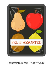 a set of ripe and juicy fruits packed in a bag for sale in a supermarket. fruit platter of apple, pear, kiwi, lemon. vector illustration isolated on white background
