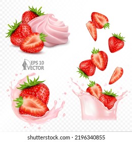 Set of ripe and juicy strawberries. Splashes of milk and drops from falling fresh red berries. Strawberry dessert with whipped cream. 3d realistic vector illustration