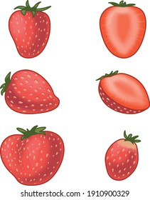 Set of ripe juicy strawberries. Whole berry fruits and slices of different shapes. Colorful simple flat cartoon style. Isolated vector illustration. Concept for creating labels