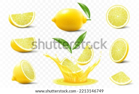 Set of ripe lemon. A whole , half and slices of lemon fall into fresh juice. Realistic 3d vector illustration, Isolated on transparent background.