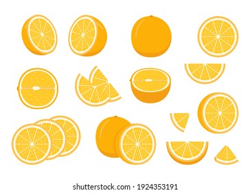 Set of ripe orange - whole, cut half, piece and slice chopped of orange. Fresh sour citrus fruit with vitamins. Vector illustration isolated on white background