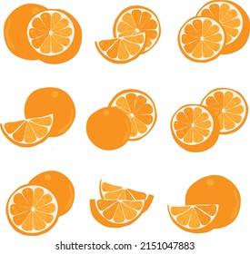Set of ripe oranges isolated. A set of orange, whole and cut. Colored cartoon orange isolated objects on a white.