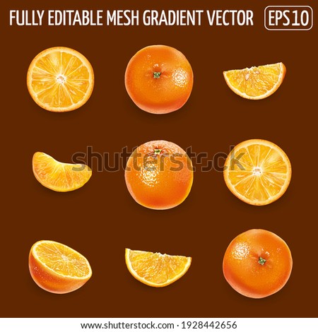 Set of ripe oranges on a dark brown background.