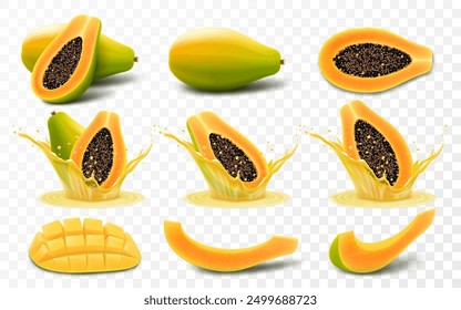 Set of ripe papaya, pawpaw, papaw half with seeds, slice and whole juicy fruit, papaya in a splash of juice with drops, isolated on transparent background. Realistic 3d vector illustration.