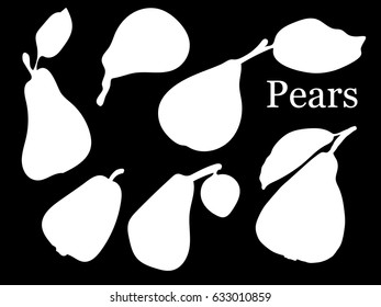 Set of ripe pears for your design. Flat silhouettes of fruits. Isolates. White elements for cards, packaging, paper, typography, business cards, tissues. Vector illustration