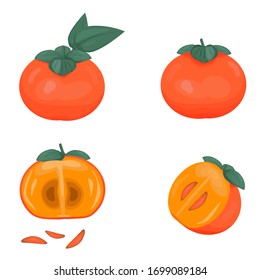 
set of ripe persimmon fruits in different angles isolated on a white background