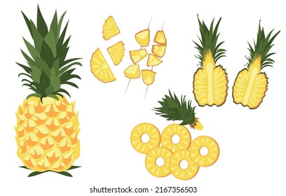 Set of ripe pineapples on white background