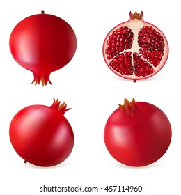 Set ripe pomegranate fruit. Fruits collection isolated on white background. Realistic vector illustration.